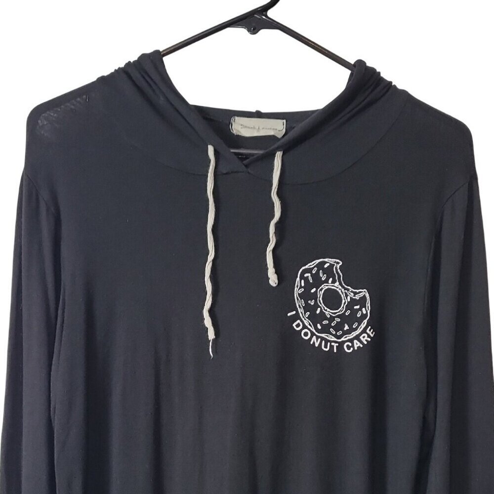 French Pastry Black Hoodie "I Donut Care" Lightweight Pullover With Drawstrings - Picture 4 of 9